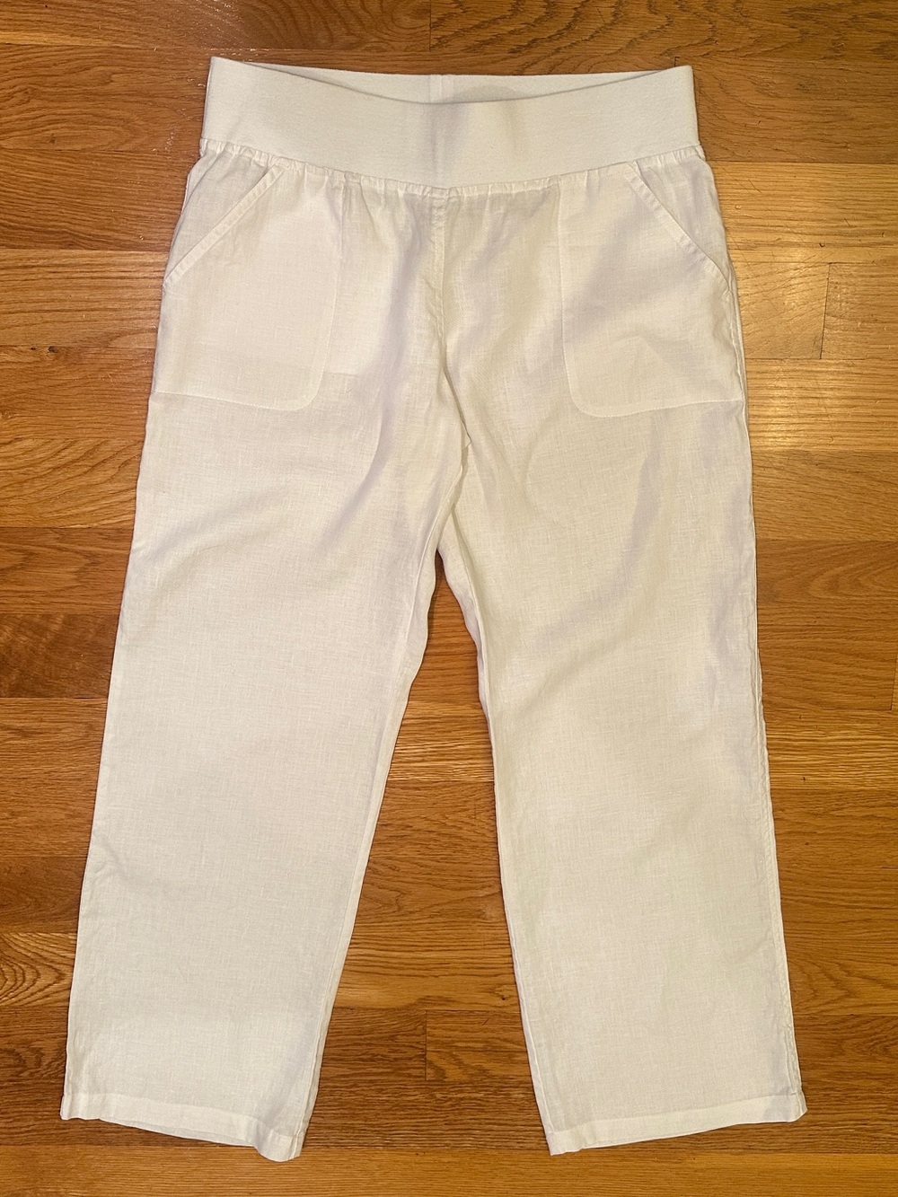 100% Linen Allen Allen White Elastic Wide Leg Pants - Size L